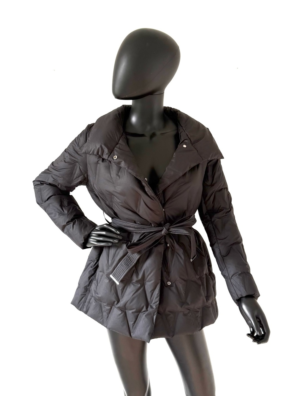 Black Down Puffer Jacket Shawl Collar Wrap Belt Winter Outerwear Coat Parka